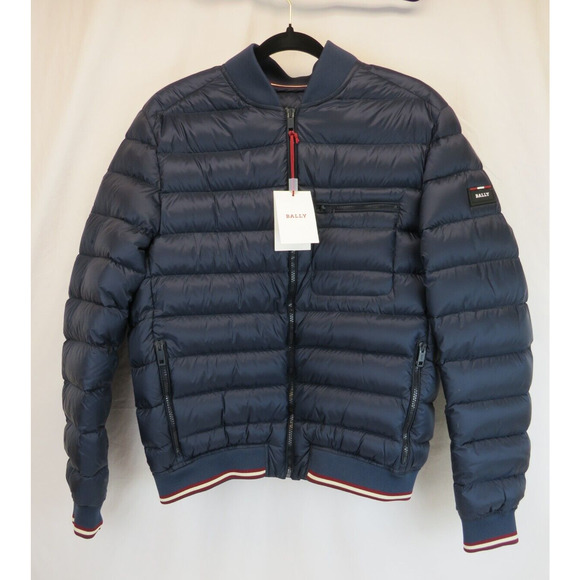 $850 NEW BALLY NAVY NYLON RED WHITE WEB LOGO DOWN PUFFER JACKET BOMBER 48 US 38